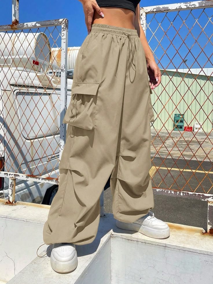 Beige Wide-Leg Cargo Pants